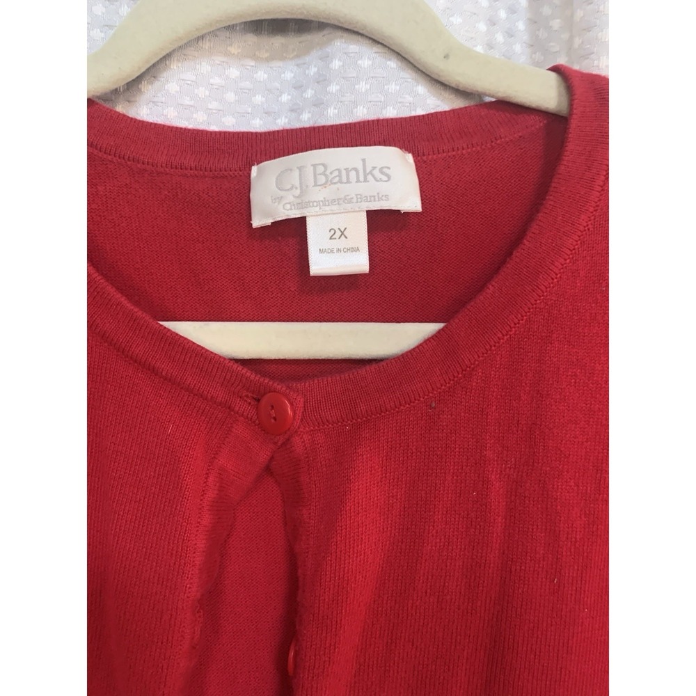 CJ Banks Women 2x Red Button Up Short Sleeved Embroidered Sleeve Cardigan Granny - Picture 3 of 9